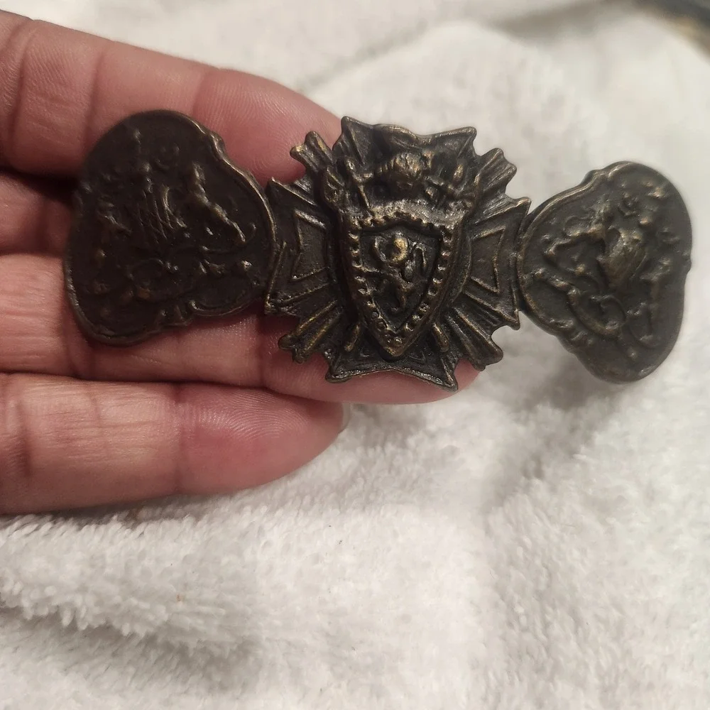 Vintage Bronze Heraldic‎ Crest Hair Barrette Medieval Lion Shield Knight Gothic